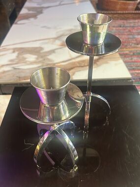 Polished Silver Double Tea Light Holders - Pair